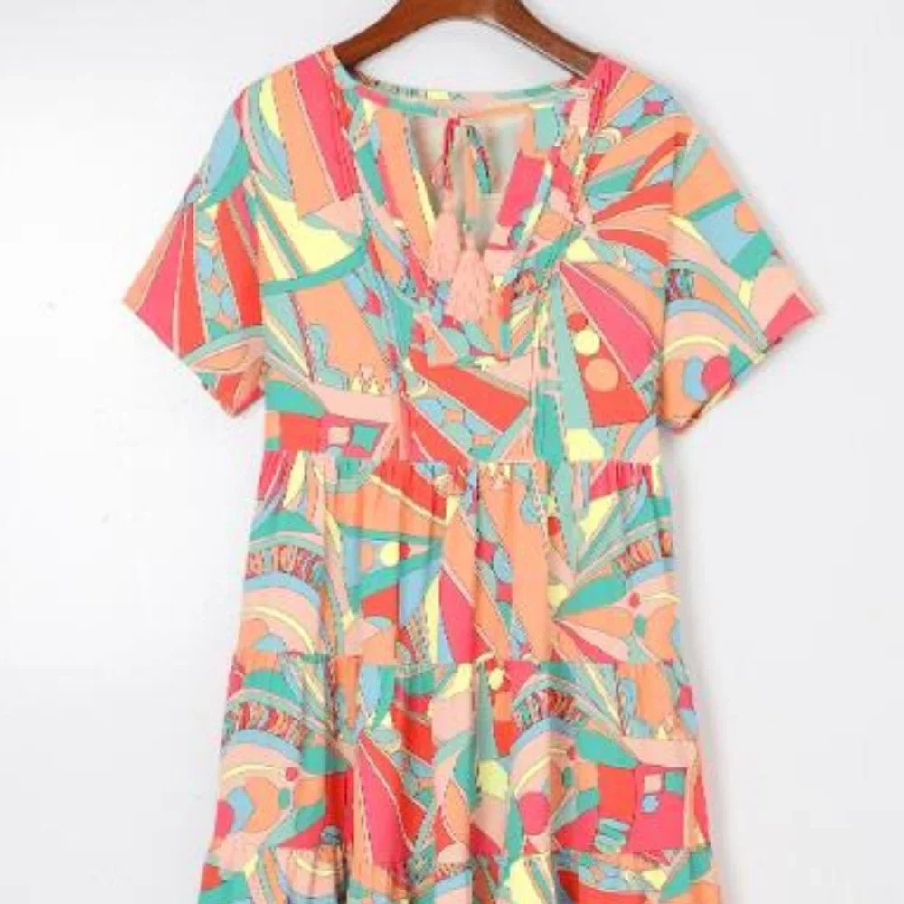 Multicolor Abstract Geometric Print Tassel Tie Flared Dress - Picture 1 of 6
